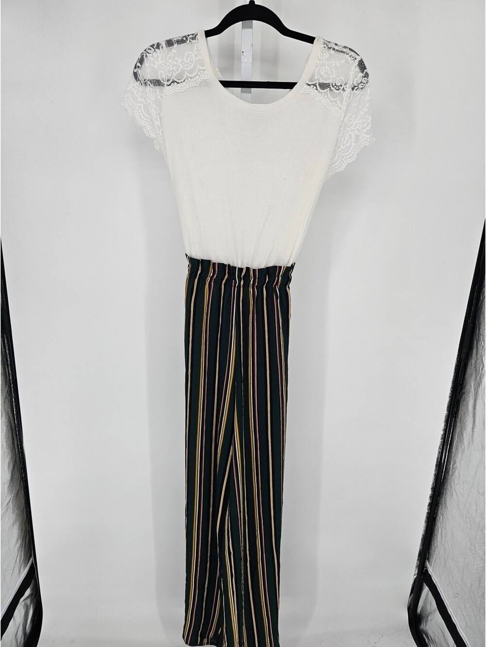 Evolutionary Womens Sz L Short Sleeve jumpsuit Striped NEW